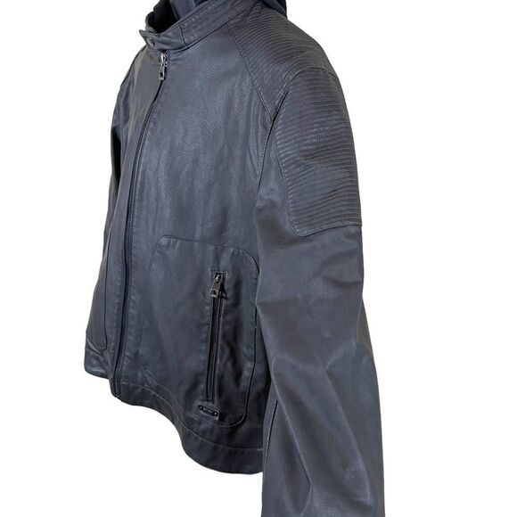 GUESS Black Hooded Lightweight Vegan Faux Leather Moto Zip Jacket - Picture 4 of 16